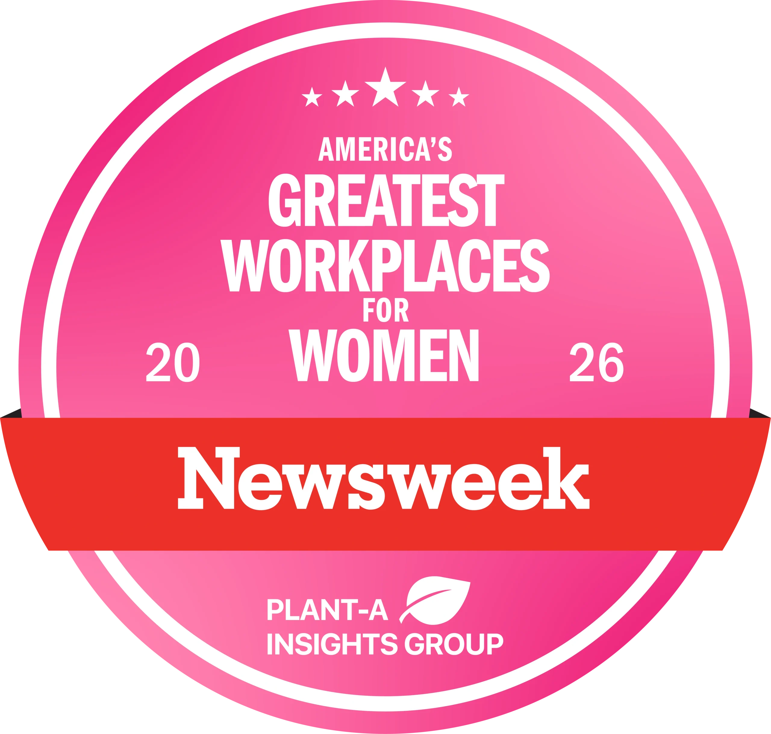 Silver circular badge reading "America's Greatest Workplaces in Health Care 2026, Newsweek, Plant-A Insights Group."